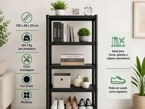 Estante Plástica Modular 5 Prateleiras Multiuso Organizadora Preta Marianopole